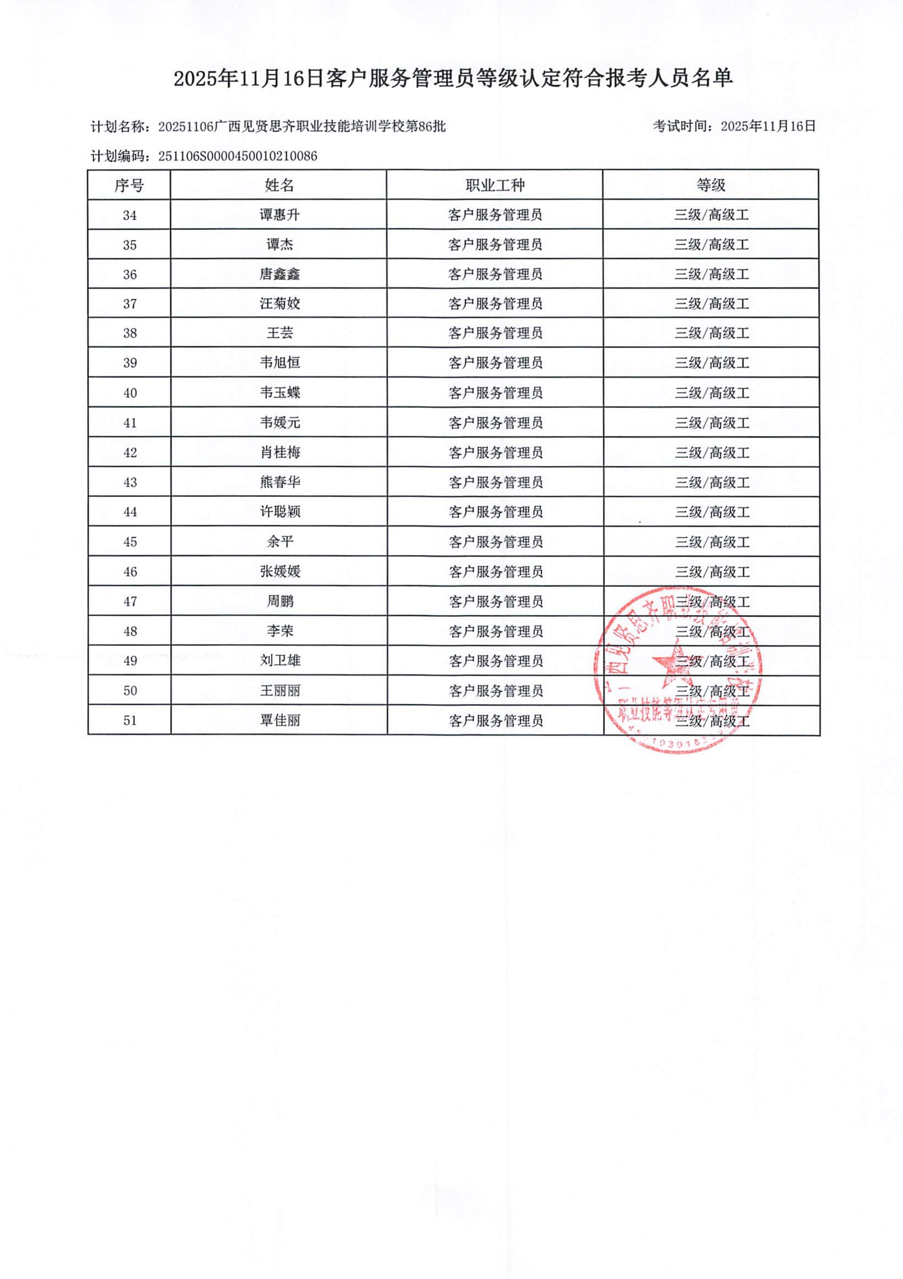 2025年11月4日关于劳成爱等51人符合报考客户服务管理员职业技能等级认定的公示_03.jpg